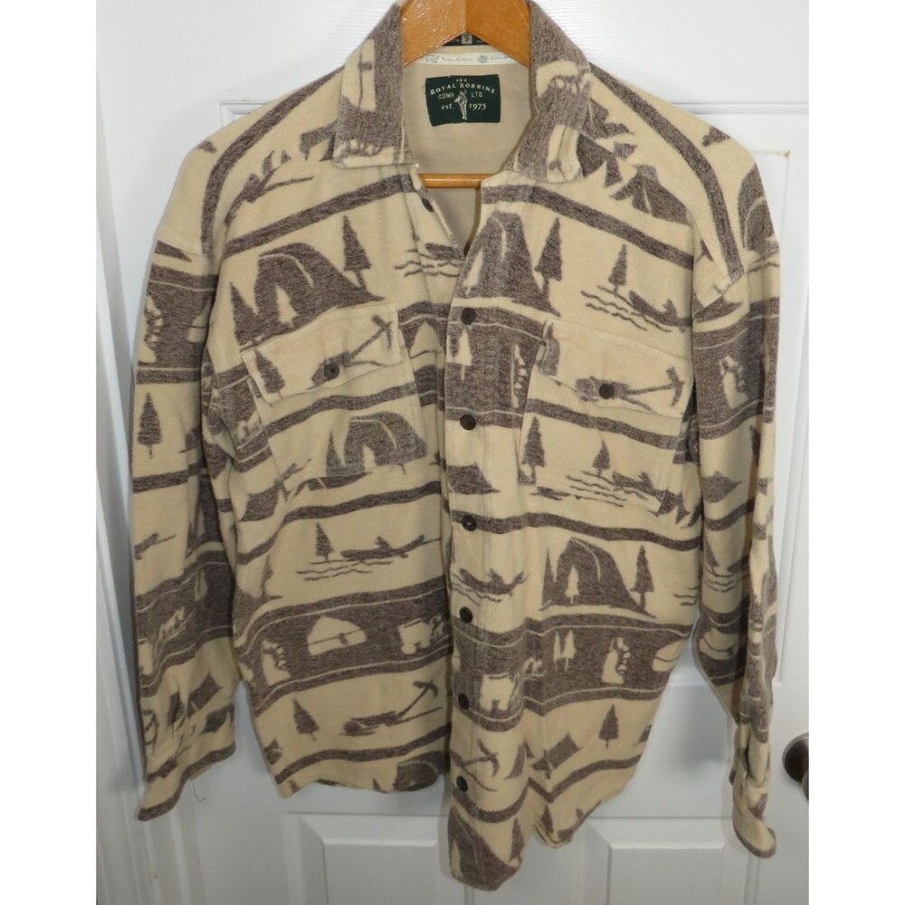 Vintage Royal Robbins Fleece Outdoor AOP Pattern Button Up Shirt Size Small Camp
